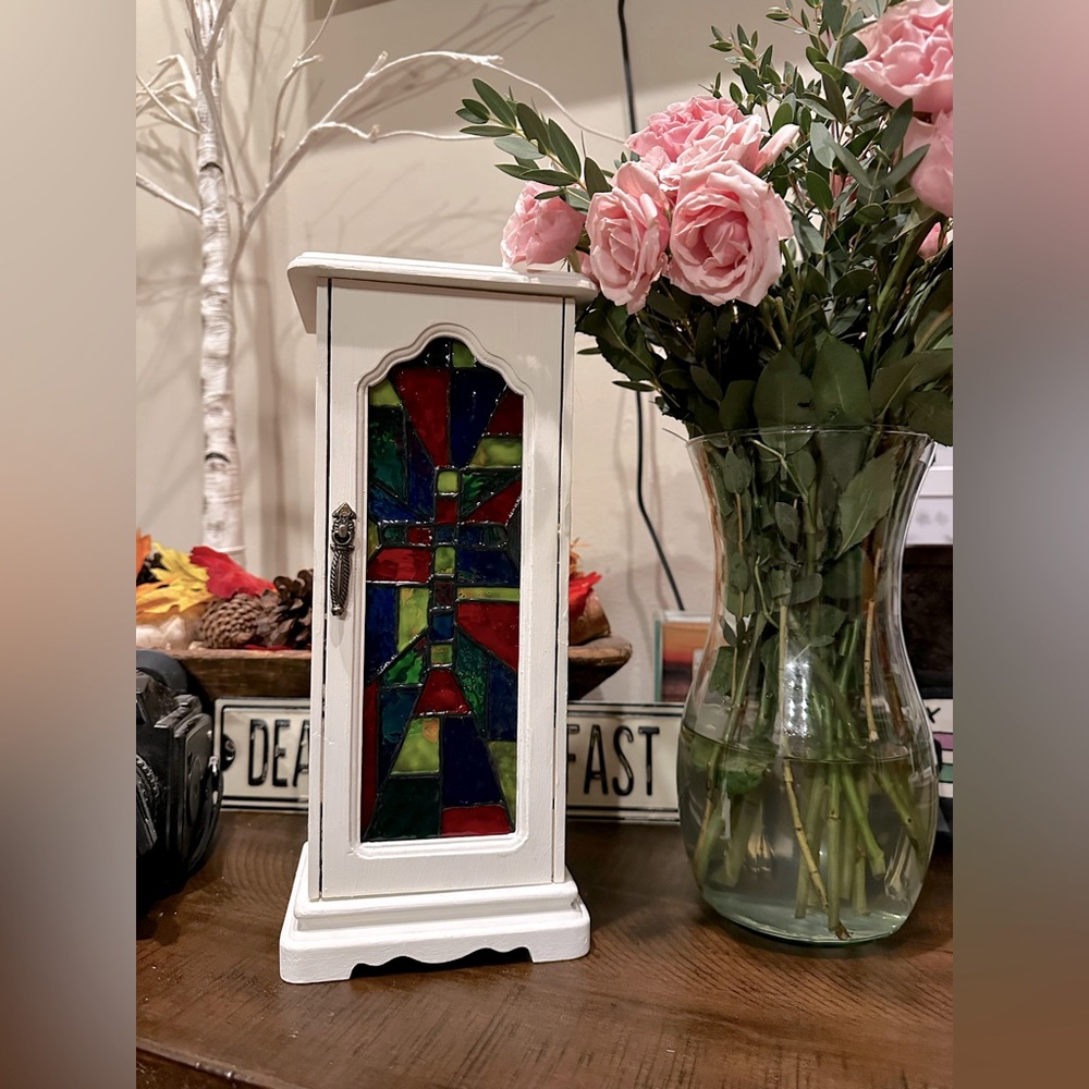 Hand Painted Jewelry Box with Stained Glass Cross